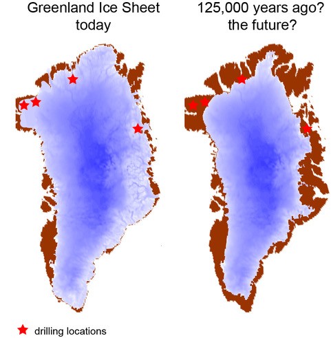 Greenland Ice Sheet (left) in its current size with the four project drill locations, and (right) as it may have existed 125,000 years ago during the Eemian, a period of warming that was a few degrees warmer than present day.