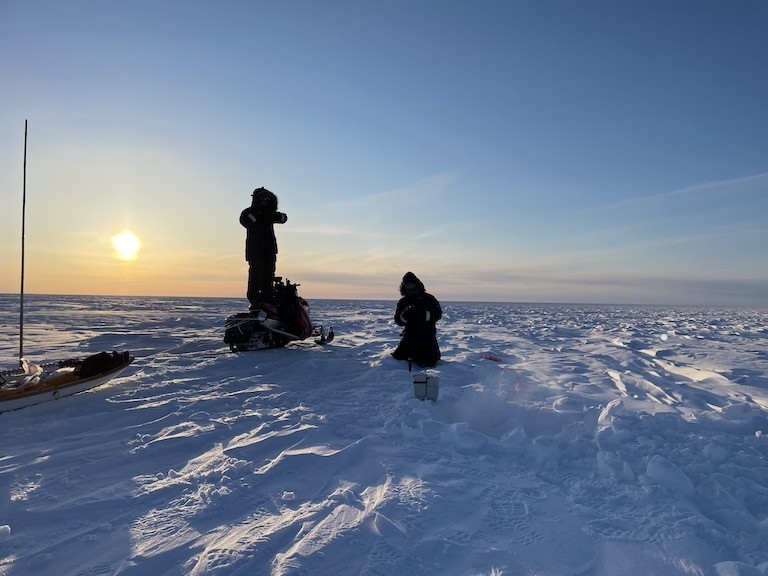 The days are short in the spring when the field work was underway. Working on ice